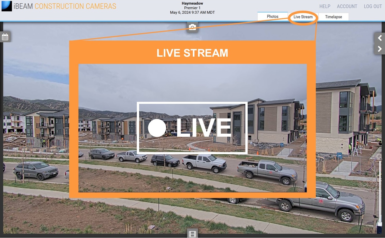 Construction camera live stream menu